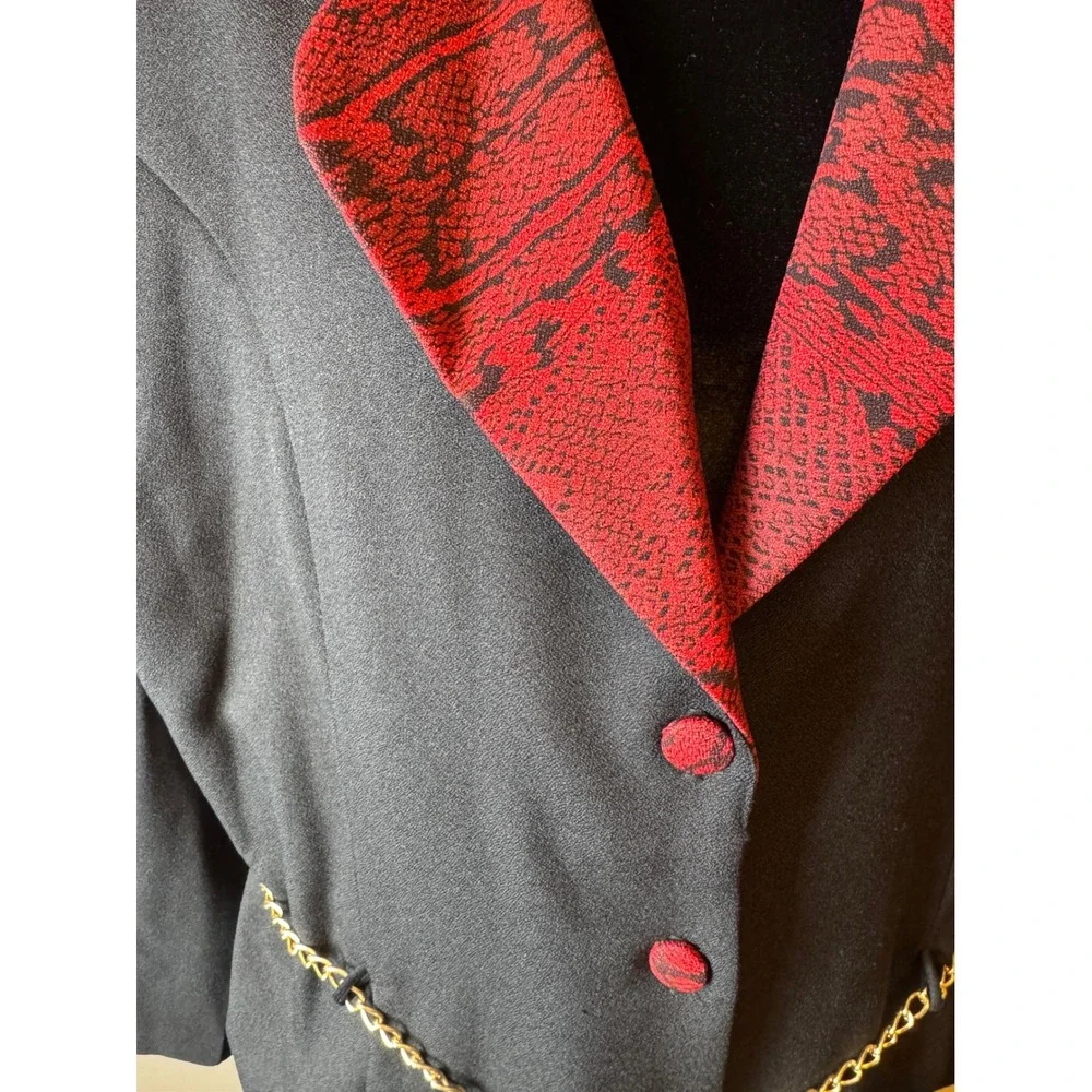 Vintage 90s Black Red Snake Print Skirt Suit Set Blazer Gold Chain Plus 20